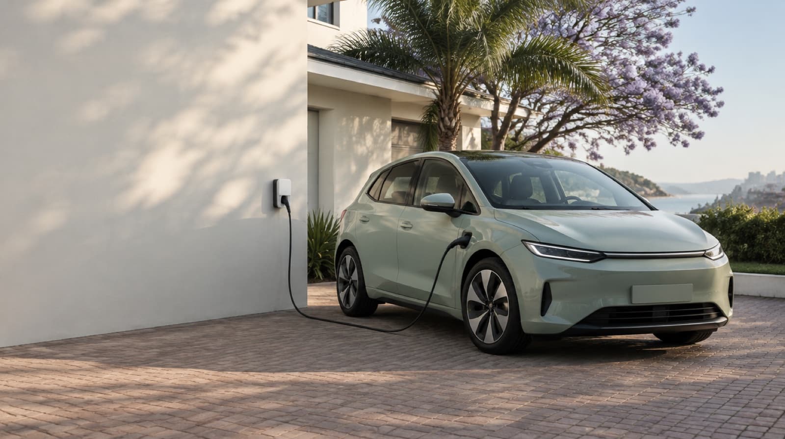 A used electric hatchback charging from a wall box in a Durban driveway